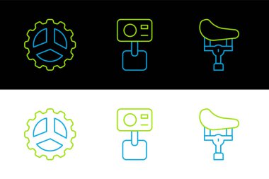 Hat ayarlayın bisiklet koltuğu sproket kolu ve aksiyon ekstrem kamera simgesi. Vektör.