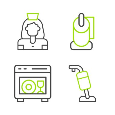 Elektrik süpürgesi, bulaşık makinesi tuvalet kağıdı rulosu ve temizlikçi kadın servis simgesi ayarla. Vektör.