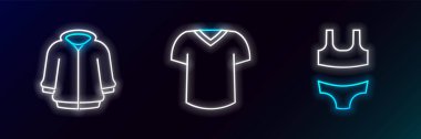 Çizgi mayo kapüşonlu ve tişört ikonunu ayarla. Parlayan neon. Vektör.