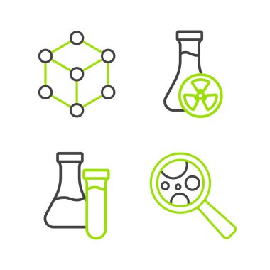 Mikroorganizmaları büyüteç test tüpünün altına zehirli sıvı ve molekül simgesiyle yerleştirin. Vektör.
