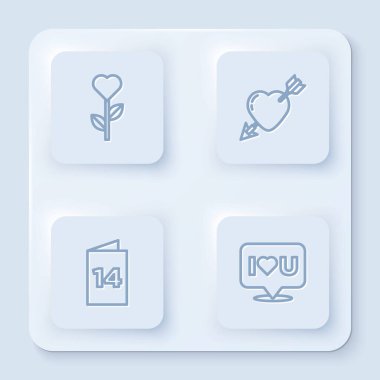 Kalp şeklinde çiçek, kalp ve ok şeklinde Amour, tebrik kartı ve konuşma baloncuğu seni seviyorum. Beyaz kare düğme. Vektör.