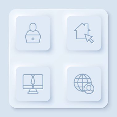 Set hattı Freelancer, online çalışma, görüntülü sohbet konferansı ve... Beyaz kare düğme. Vektör.