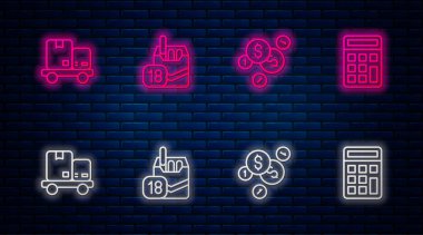 Sıraya girin, sigara paketleri, dolarla para, el arabası, kutular ve hesap makinesi. Tuğla duvarda parlayan neon simgesi. Vektör.