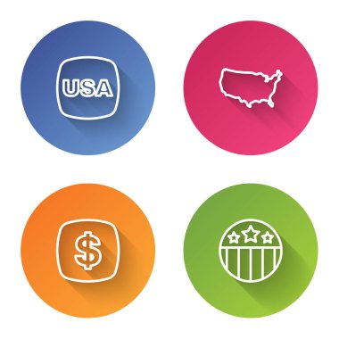 ABD Bağımsızlık Günü, harita, Dolar sembolü ve yıldızlı Madalya çizgisini ayarlayın. Renkli daire düğmesi. Vektör.