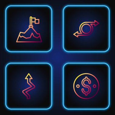 Çizgi Dolar sembolü, Ok, bayrak ve dağları belirle. Renk simgeleri. Vektör.