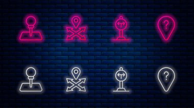 Çizgi konumu, yol ayrımı, pimi ve bilinmeyen güzergahı ayarlayın. Tuğla duvarda parlayan neon simgesi. Vektör.