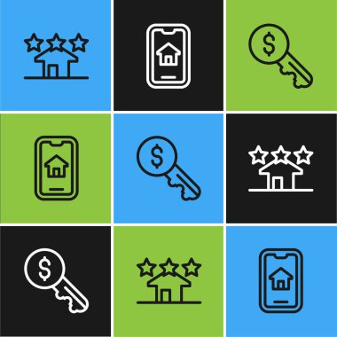 Gayrimenkul kira anahtarı ve çevrimiçi gerçek ikon. Vektör.