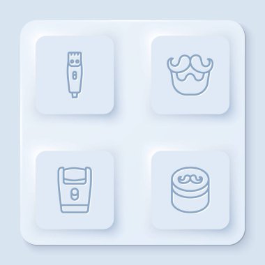 Saç kesme makinesi bıyığı ve sakal tıraş bıçağı ve saç şekillendirme için jöle cilası ayarla. Beyaz kare düğme. Vektör.