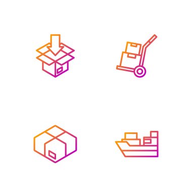 Kargo gemisini karton karton karton ve el kamyonu ile ayarlayın. Renk simgeleri. Vektör.