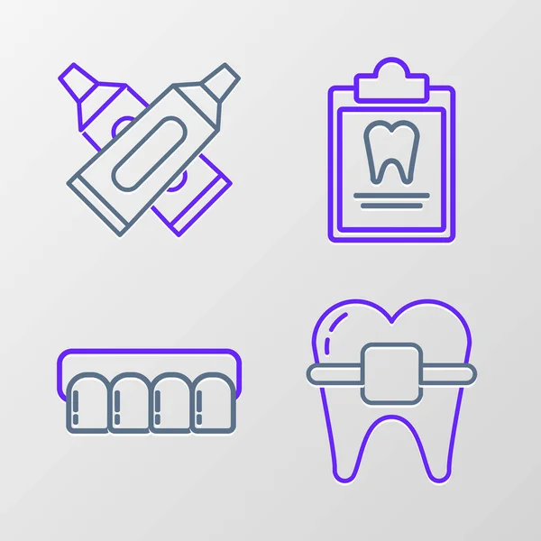 Zestaw Linii Zęby Aparatem Ortodontycznym Model Dentures Karta Dentystyczna Clipboard — Wektor stockowy