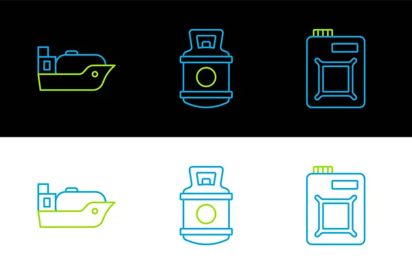 stock vector Set line Canister for motor oil Oil tanker ship and Propane gas icon. Vector.