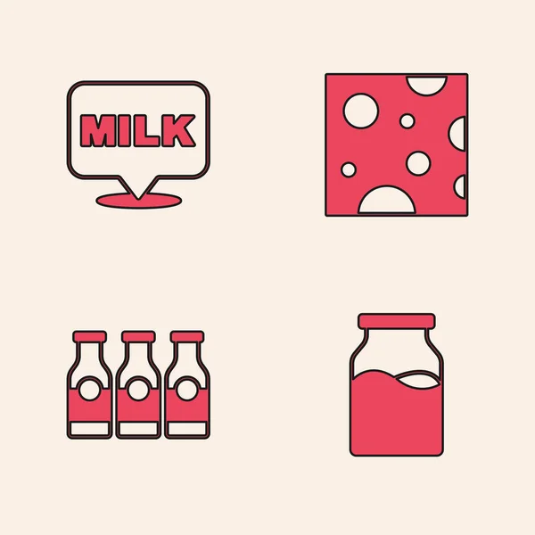 Set Bottle Milk Lettering Cheese Icon Vector — Stock Vector