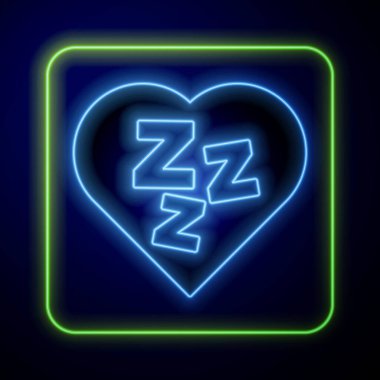 Parlayan neon uykulu simgesi mavi arkaplanda izole edildi. Uykucu zenci konuşma balonu. Vektör.