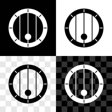 Tahta varil simgesini siyah beyaz, şeffaf arkaplanda izole et. Alkol fıçısı, içki kabı, bira için tahta fıçı, viski, şarap. Vektör.