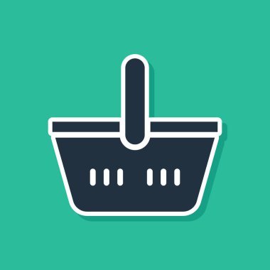 Mavi alışveriş sepeti simgesi yeşil arka planda izole edildi. İnternetten satın alma konsepti. Servis tabelası. Alışveriş arabası sembolü. Vektör