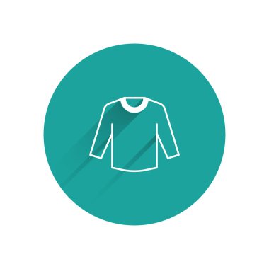 Beyaz süveter simgesi uzun gölge arkaplan izole. Kazak ikonu. Kazak tabelası. Yeşil daire düğmesi. Vektör