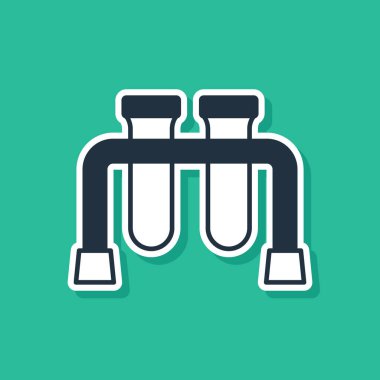 Mavi test tüpü ve kimyasal test ikonu yeşil arka planda izole edildi. Laboratuvar cam levhası. Vektör