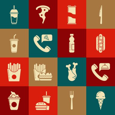 Waffle külahında dondurma, yiyecek siparişi, hardallı Hotdog sandviçi, soda kutusu, pizza, saman suyu içen kağıt bardak, bir bardak limonata ve şişe ikonu. Vektör
