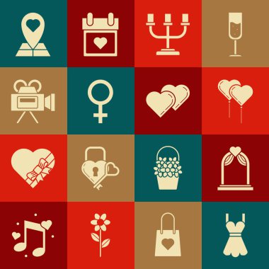 Set Kadın Elbisesi, Düğün Kemeri, Kurdeleli Balonlar, Candlestick, Kadın Cinsiyet Sembolü, Sinema Kamerası, Harita İşaretleyici ve İki Bağlı Kalpli İkona. Vektör