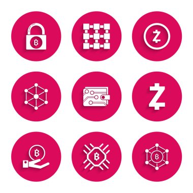 Kripto para birimi cüzdanı, CPU madencilik çiftliği, Blockchain teknolojisi Bitcoin, Zcash ZEC, Hand holding ve Lock 'u bitcoin simgesi ile ayarla. Vektör
