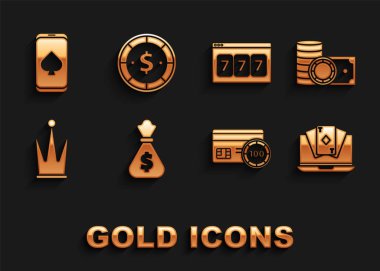 Para çantası, kumarhane fişleri ve yığınla para, online poker masası oyunu, kredi kartı, Crown, kumar makinesi, şanslı yedili loto ve dolar ikonu. Vektör