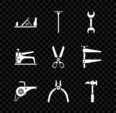 Ahşap uçak aleti, metal çivi, İngiliz anahtarı, Yaprak bahçe üfleyicisi, Kerpeten, Pençe çekici, inşaat zımbası ve makas simgesi. Vektör