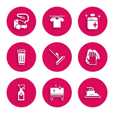 Paspas, temizlik masası, elektrikli ütü, temizlik servisi, sprey şişe, çöp tenekesi, yemek tenceresi ve elektrik süpürgesi ikonu. Vektör