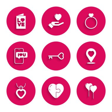 Anahtarı kalp şeklinde, Heart, Balon formunda, kolye şekilli, Mobil, alyanslı ve Sevgililer Günü parti broşürlü ayarla. Vektör