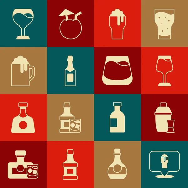 设置酒精或啤酒吧位置 鸡尾酒摇瓶 香槟瓶 木桶和威士忌图标 — 图库矢量图片
