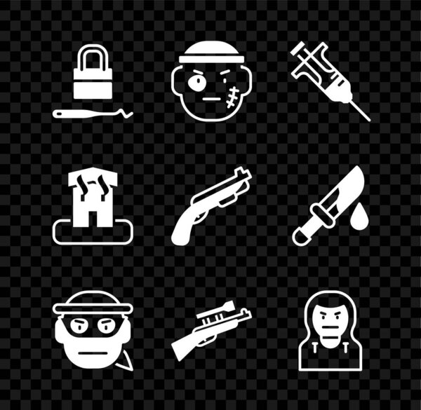 Set Lock picks for lock picking, Bandit, Syringe, Sniper rifle with scope, Thief mask, Arson home and Police shotgun icon. Vector