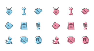 Kedi, Köpek, Yaka, isim etiketi ve kalbi olan tasma, Paw izi, Köpek için yiyecek çantası, Balık iskeleti, veteriner kliniği sembolü ve kemik ikonu. Vektör