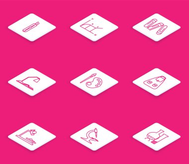 Satır çizgisi kırtasiye bıçağı, pasta grafiği bilgisi, ataç, masa lambası ve açık kitaplı işyeri, boya fırçası paleti, okul çantası, mikroskop ve simge. Vektör