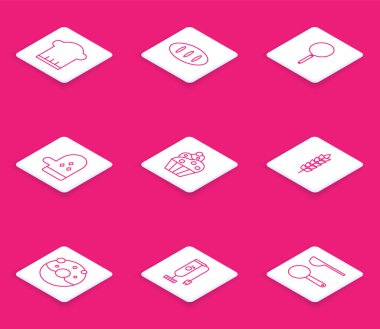 Şef şapkası, ekmek somunu, kızartma tavası, fırın eldiveni, kek, pirinç, buğday, mısır, yulaf, çavdar, tatlı jöleli çörek ve Blender ikonu. Vektör