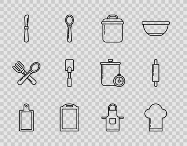 Hattı kesme tahtası, Şef şapkası, pişirme kabı, Bıçak, Spatula, Mutfak önlüğü ve Rolling pin ikonu. Vektör