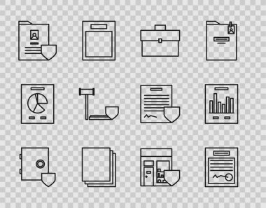 Safları kalkan, doldurulmuş form, evrak çantası, temiz kağıt, belge, yargıç tokmağı, alışveriş binası ve grafik çizelgesi ikonu ile ayarla. Vektör