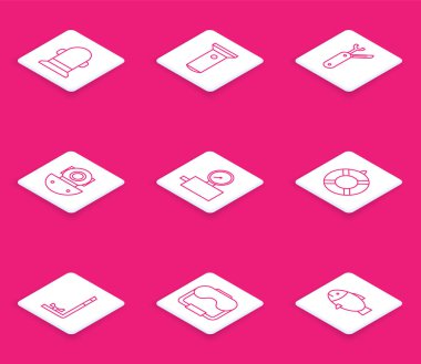 Şamandıra, el feneri, İsviçre çakısı, Aqualung, gösterge ölçeği, Lifebuoy, Şnorkel ve Dalış maskesi ikonu. Vektör