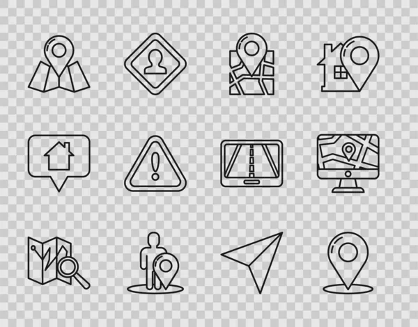 设置线折叠地图与位置标记 地图销 人物形象 感叹号三角形 纸飞机和监视器和折叠图标 — 图库矢量图片