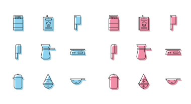 Hattı ayarla, demlik, top çay süzgeci, kibrit kutusu ve kibrit kutusu, mutfak süzgeci, kahve hindisi, elektronik pullar, et helikopteri ve yemek kitabı ikonu. Vektör