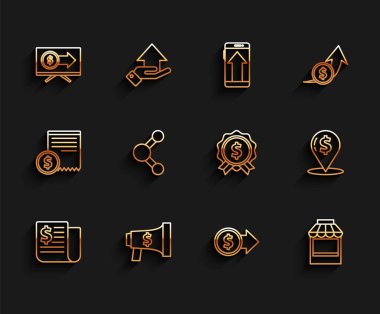 Finansal haberler, megafon ve dolar, bozuk para sembollü monitör, Alış veriş mağazası, Paylaşım, Nakit konum ve Price etiket ikonu. Vektör