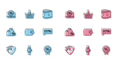 Telefon hattını 24 saat destekle, bilek saatini, yüzde indirimi ve dizüstü bilgisayarını, indirimli yüzde etiketini, cüzdanı, elli saati ve alışveriş sepeti simgesini ayarla. Vektör