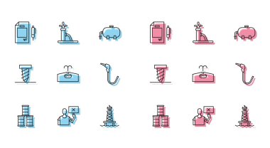 Varil yağı, doğa koruma protestosu, kontrat parası ve kalem, petrol platformu, benzin pompası enjektörü, dönen sondaj deliği ve kriko ikonu. Vektör