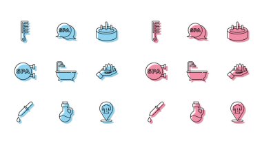 Sabit hat Pipette, Temel Yağ Şişesi, Saç fırçası, Masaj, Küvet, Lotus Çiçeği, Spa salonu ve ikon. Vektör