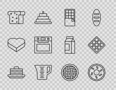Sıra sıra krep, çörek, çikolata, ölçü kabı, ekmek tostu, fırın, ev yapımı turta ve waffle ikonu. Vektör