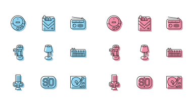 Mikrofon, 90 'ların Retro' su, müzik CD çalar, Vinil, Zemin lambası, sentezleyici, Kamera rulo kartuşu ve sigara kutusu simgesi. Vektör