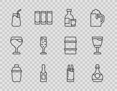 Kokteyl karıştırıcı, bir şişe konyak ya da brendi, bardaklı votka, şampanya şişesi, şampanya, Bloody Mary ve şarap ikonu. Vektör