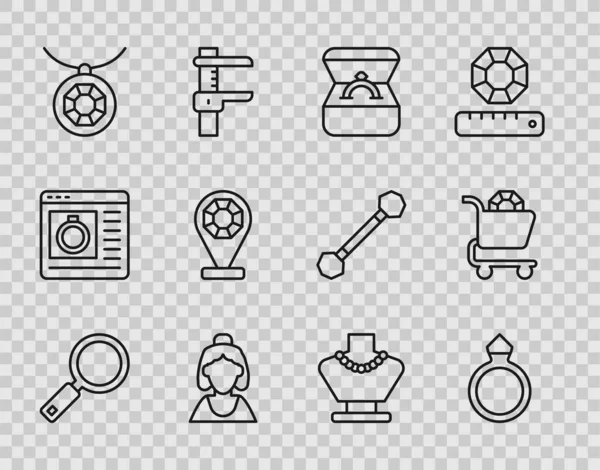 Set Line Lupe Diamant Verlobungsring Box Berater Von Schmuckgeschäft Anhänger — Stockvektor
