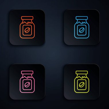 Renkli neon hat kahve kavanozu ikonu siyah arka planda izole edilmiş. Kare düğmelere simgeleri yerleştir. Vektör
