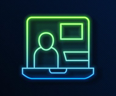 Parlayan neon hattı dünya haber simgesi mavi arkaplanda izole edildi. Flaş haber, dünya haber kanalı. Vektör