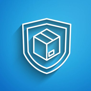 Mavi arka planda kalkan simgesi olan beyaz hat teslimat güvenliği. Teslimat sigortası. Kalkanın ötesinde sigorta kutuları var. Uzun gölge. Vektör