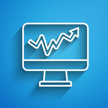 Mavi arkaplanda grafik çizelgesi simgesi olan beyaz çizgi bilgisayar monitörü. Metin dosya simgesini rapor et. Muhasebe tabelası. Denetim, analiz, planlama. Uzun gölge. Vektör